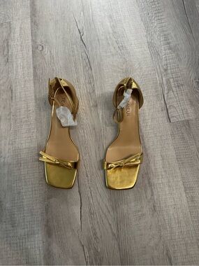 Metallic Gold Ankle-Strap Sandals with Bow Accent
